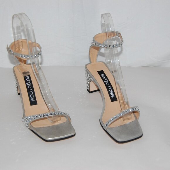 US 6.5 ❤️ SERGIO ROSSI Silver Crystal Rhinestone Embellished Ankle Strap Sandals - Picture 5 of 12
